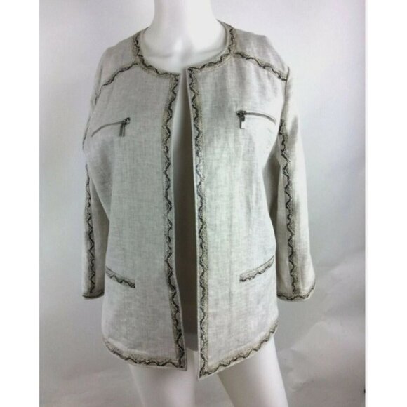 Chicos Linen Blend Jacket Womens Size 2 Neutral Snakeskin Trim Open Front - Picture 7 of 9